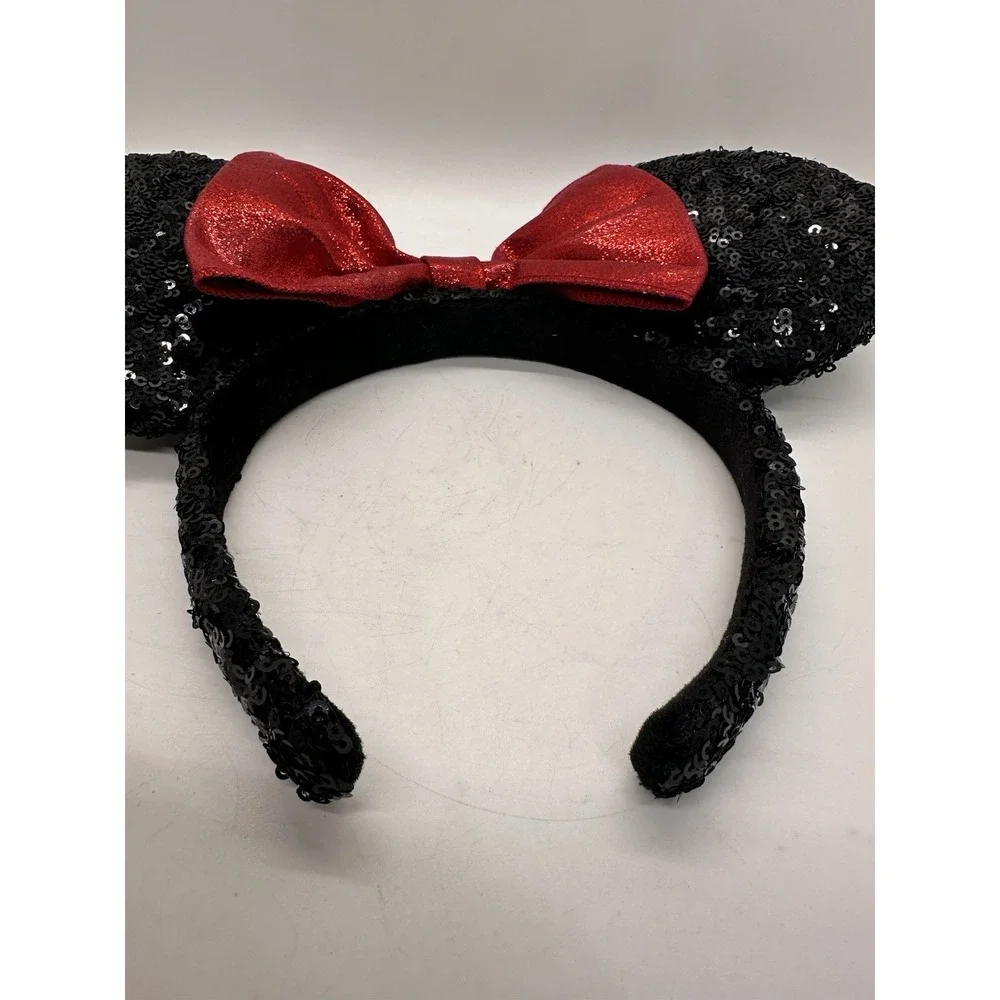 Disney Parks Black‎ Sequin Minnie Mouse Ears Headband Red Lamè Bow Classic